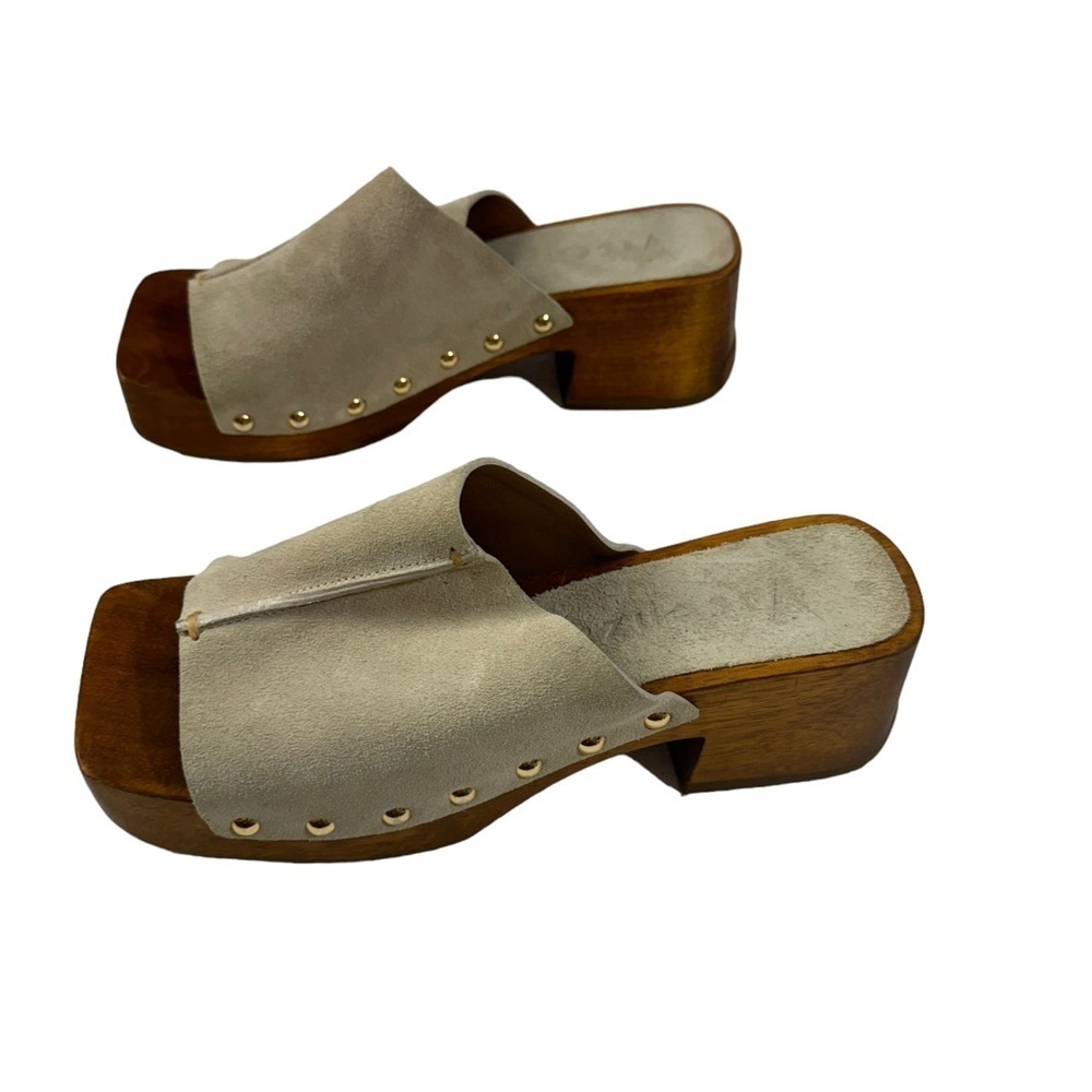 VICENZA taupe suede Leather Wooden Sandals / Clogs size 7 - Picture 2 of 8